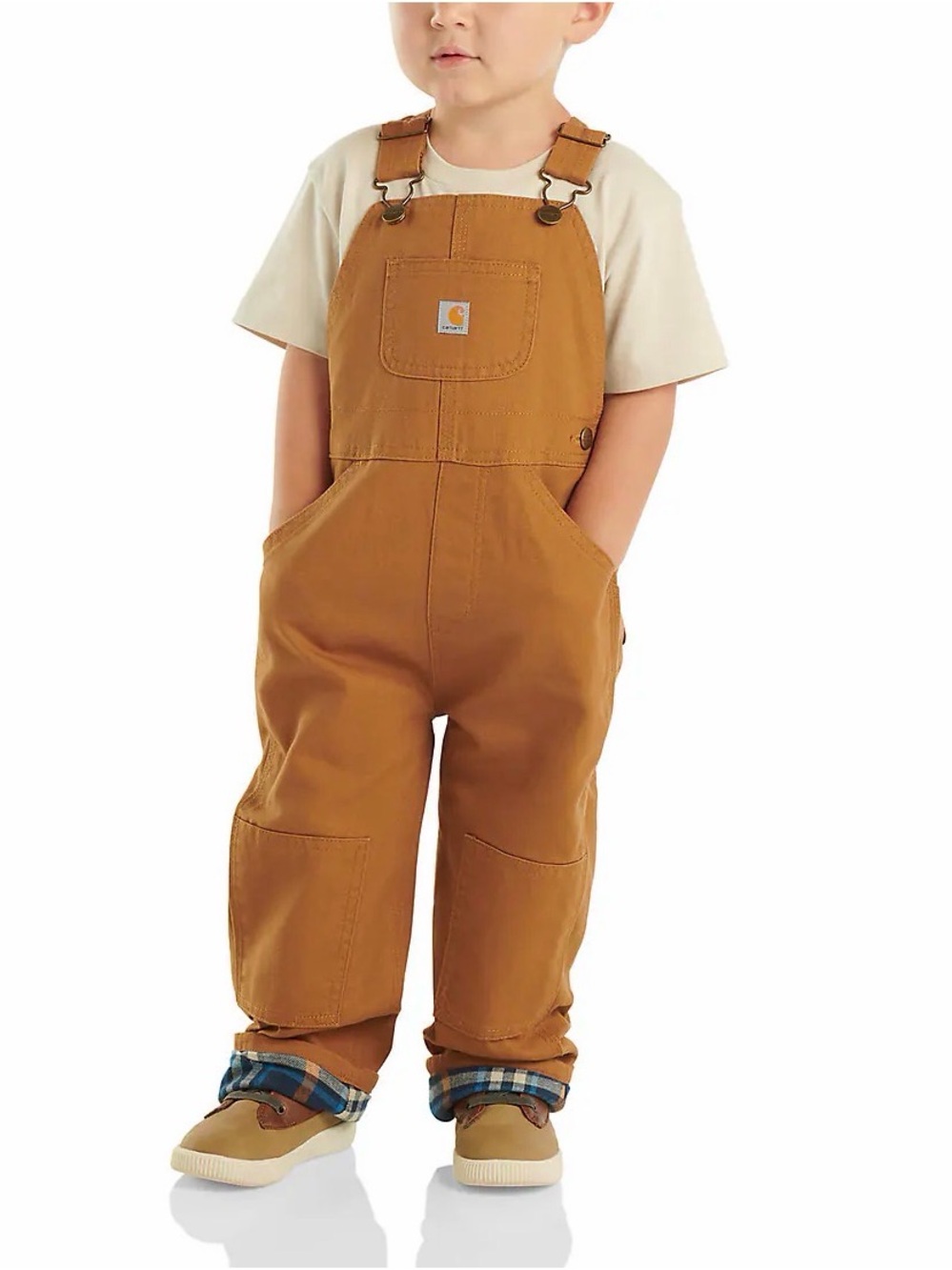 NWOT Toddler Carhartt Canvas Bib Overalls plaid Flannel-Lined 2T tan brown